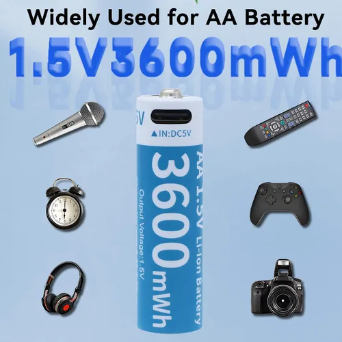 Miniatura 4 de Baterías de litio recargables AA, paquete de 4 baterías de iones de litio recargables USB-C de 1.5 V 3600 mWh con cargador USB a tipo C 4 en 1