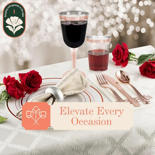 Miniatura 5 de 50 copas de vino desechables de plástico con borde de oro rosa, tamaño grande, 9.98 oz. BloominGoods - Vasos para bodas y eventos