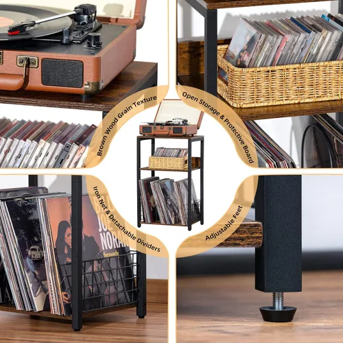 Miniatura 4 de LELELINKY Mesa auxiliar de 3 niveles, soporte para tocadiscos con almacenamiento de hasta 100 álbumes, soporte para tocadiscos para vinilo, estante