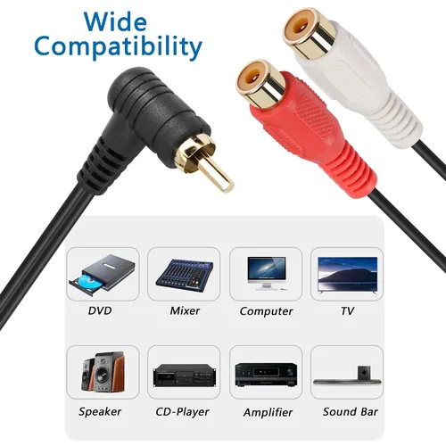 Miniatura 6 de Cable divisor RCA Y, 2 unidades de cable adaptador de audio estéreo RCA de 90 grados, 1 macho a 2 hembras, 9.8 in