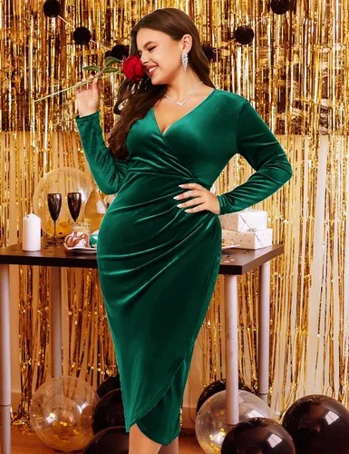 Miniatura 6 de ZOMVA Vestido cruzado de terciopelo de talla grande 2023, vestido ajustado fruncido, manga larga, con volantes, largo, elegante, fiesta, boda