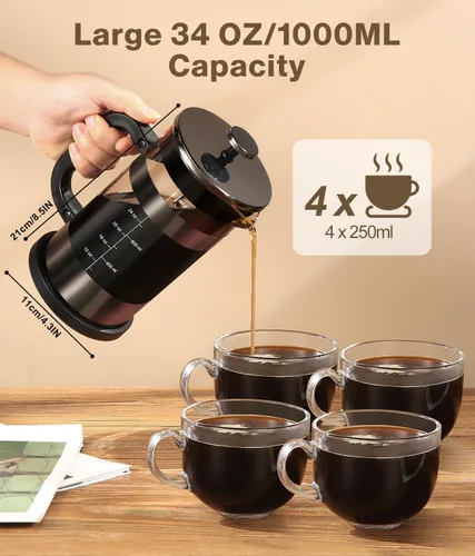 Miniatura 5 de Cafetera de prensa francesa, prensa de café clásica de 34 onzas, resistente al calor, cafetera de vidrio de borosilicato con filtros de desmontaje