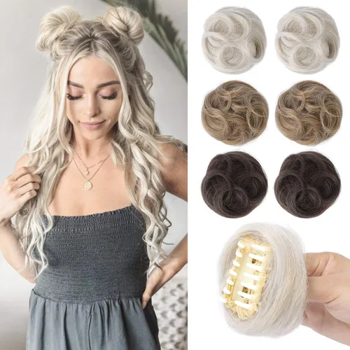 Miniatura 34 de REECHO Piezas de cabello Space Bun, 2 extensiones de moño mini con clip de pinza en extensiones de moño falsas de orejas de gato y desordenadas