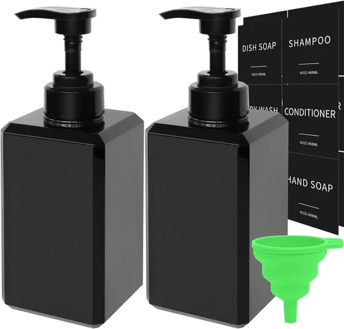 Dispensador de jabón negro con etiquetas impermeables, dispensador de jabón de mano de plástico engrosado para baño, botellas de líquido para lavar