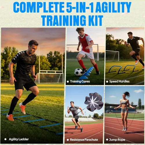 Miniatura 4 de Agility Ladder, Soccer Football Training Equipment Set - 20ft Speed Ladder, 4 Hurdles,Parachute, 12 Cones & Jump Rope Agility & Speed Training for