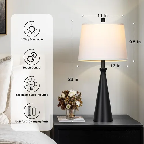 Miniatura 5 de Rinweey 28" Black Touch Table Lamp with USB A+C Ports, 3-Way Dimmable Bedroom Lamp for Night Stand, Tall Modern Touch Lamp for Living Room End