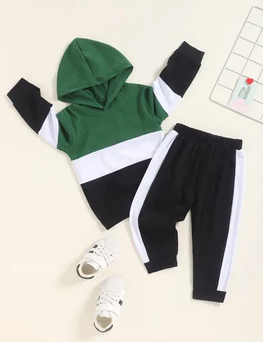Miniatura 2 de itkidboy Conjunto de 2 piezas de ropa de bebé niño con capucha y sudadera con bloques de color + pantalones
