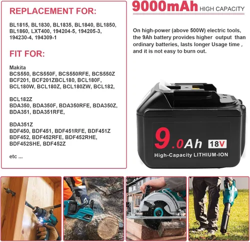 Miniatura 2 de ARyee Batería de repuesto BL1890 9000mAh 18V para herramientas eléctricas inalámbricas Makita BL1830 BL1840 BL1850 BL1860 BL1860 BL1890 DKP180Z