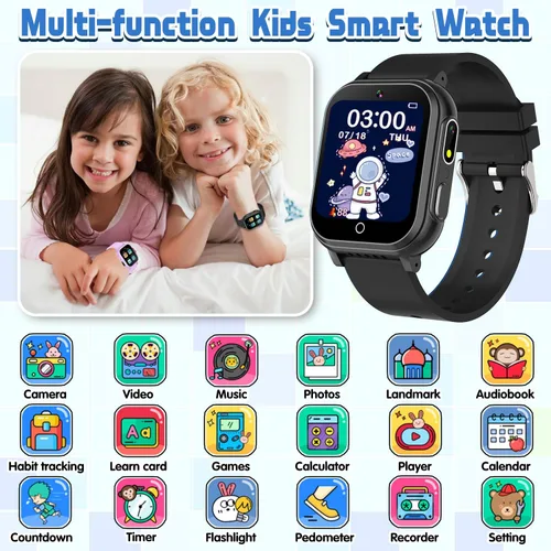 Miniatura 2 de Reloj inteligente impermeable para niños de 3 a 12 años, 32 juegos de rompecabezas, pantalla táctil HD, cámara dual, podómetro Vedio, reproductor