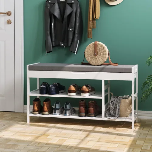 Miniatura 10 de HIFIT Banco Zapatero de Bambú con Almacenamiento, Banco de Almacenamiento de 2 Niveles para Entrada con Asiento Acolchado, Estante Organizador