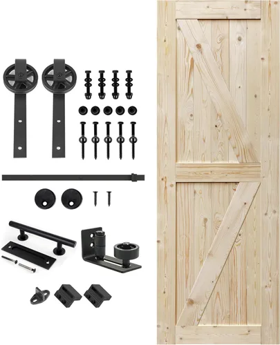 Miniatura 29 de S&Z TOPHAND 20 pulgadas x 84 pulgadas. Puerta de granero anudada británica sin terminar con kit de herrajes deslizantes de 4 pies/madera