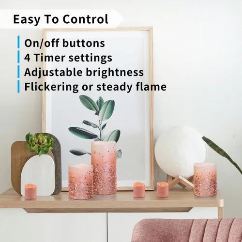 Miniatura 6 de FURORA LIGHTING Velas LED de purpurina rosa con control remoto y temporizador, 4 pilares y 4 votivas, paquete de 8, velas parpadeantes sin llama