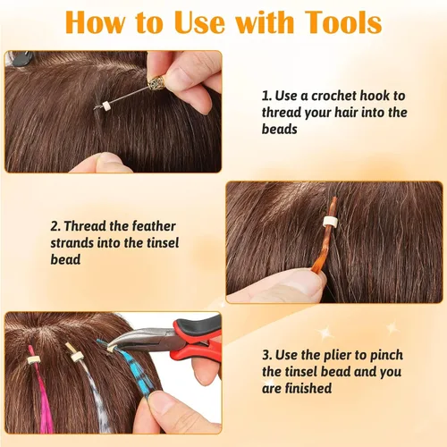 Miniatura 6 de Kit de 65 piezas de plumas para el cabello con herramientas para extensiones de cabello, kit de extensiones de plumas de cabello sintético largo
