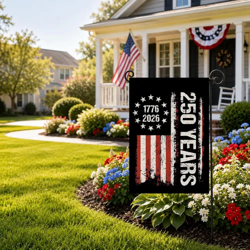 Miniatura 5 de Bandera de jardín de 250 años de América, Bendiciones 250° aniversario USA Bandera patriótica doble cara con diseño de estrellas y rayas