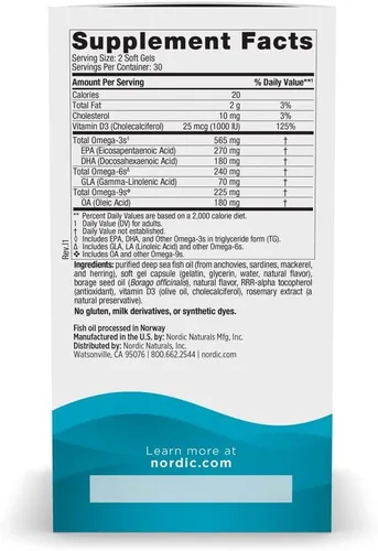 Miniatura 2 de Nordic Naturals Omega-D3 completo, sabor a limón, 60 geles suaves, 565 mg de omega-3 + 70 mg de GLA + 1000 UI de vitamina D3, EPA y DHA, piel