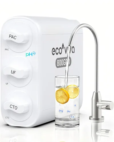 Ecoviva Filtro de agua debajo del fregadero de ultrafiltración de 0.01μm, sistema de filtración de agua sin tanque 800GPD de 4 etapas, diseño