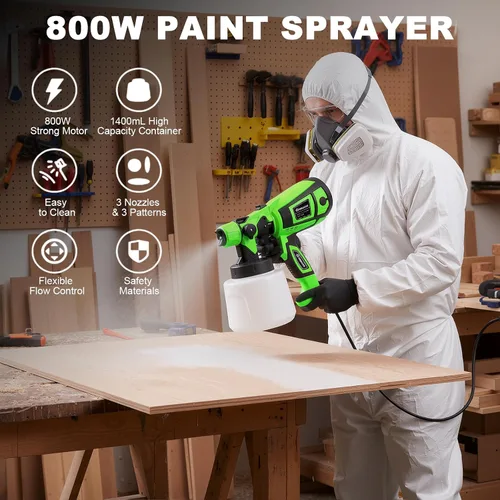 Miniatura 2 de Pulverizador de pintura, pistola eléctrica HVLP de 800 W con juntas de limpieza/soplado, 3 boquillas de 3 patrones y recipiente de 47.3 fl oz