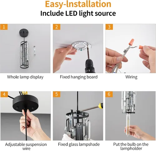 Miniatura 7 de LMQNINE - 1 luz para iluminación colgante color negro, lámpara colgante moderna, mini candelabros de cristal, lámpara colgante ajustable