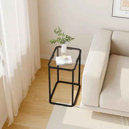 Miniatura 6 de Garden 4 you Mesa auxiliar de cristal, mesa auxiliar rectangular con marco de metal, moderna mesita de noche para oficina, dormitorio, sala de Negro
