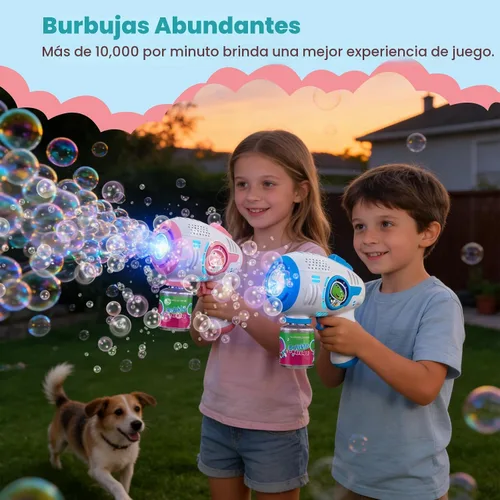 Miniatura 3 de Pistolas de burbujas para niños de 4 a 8 años, paquete de 2 lanzadores automáticos de burbujas con luz LED y solución de 14 burbujas, pistola