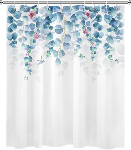 Miniatura 3 de LB Cortina de ducha de hojas verdes azules para baño, hojas botánicas de primavera con flores moradas sobre fondo blanco, acuarela, tela