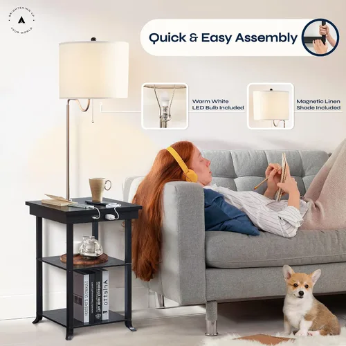 Miniatura 5 de ATAMIN Mesa auxiliar con lámpara y estación de carga - Mesa auxiliar con USB-C, USB y luz incorporada - Moderna mesita de noche con cadena