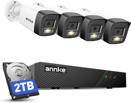 ANNKE H500 8CH 4pcs 3K 5MP Cámara Sistema de seguridad PoE, alarma de luz roja y azul, H.265+ NVR con disco duro de 2 TB, cámara bala al aire libre,
