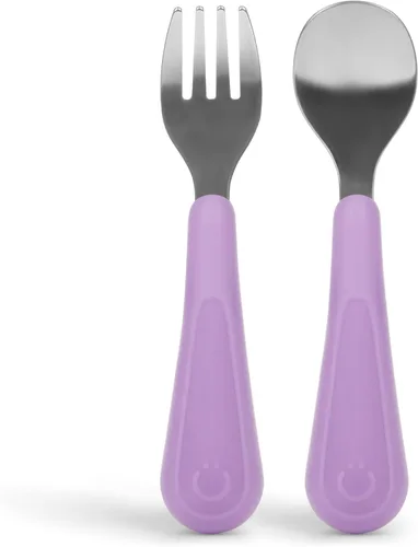 Miniatura 9 de Ubbi Juego de tenedores y cucharas de acero inoxidable para niños pequeños, 4 unidades, asas de silicona de fácil agarre, utensilios