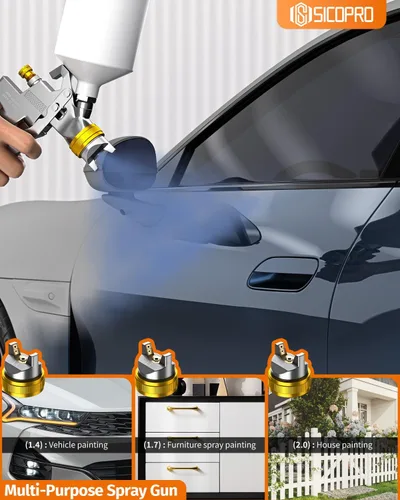 Miniatura 7 de Pistola pulverizadora de pintura HVLP, pulverizador de pintura a aire para pintura de casas, automóviles, pistolas de pintura automotrices