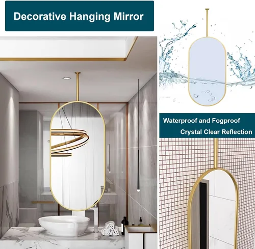 Miniatura 4 de Espejos de baño para tocador, espejo dorado montado en el techo con marco de metal y barra para colgar en el techo, espejo de pared decorativo