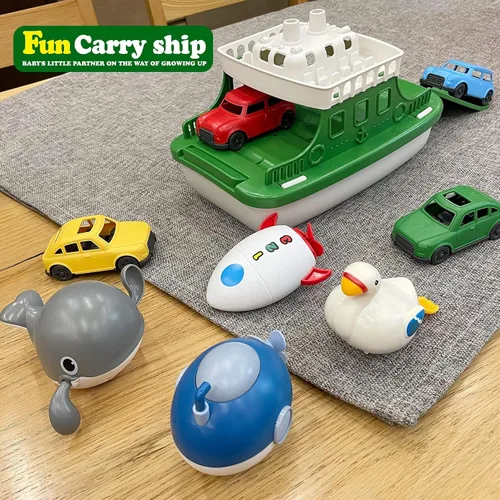 Miniatura 3 de Barco Ferry con 4 Coches y 4 Juguetes de Baño de Cuerda, Juguete de Baño para Niños Vehículo Flotante Ballenas Submarinos Cisnes Cohetes, Conjunto