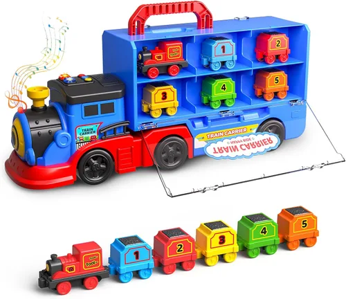 Juego de camiones de tren para niños y niñas de 3, 4, 5, 6 años, camión de transporte con luz y música, gran regalo de cumpleaños de Navidad para