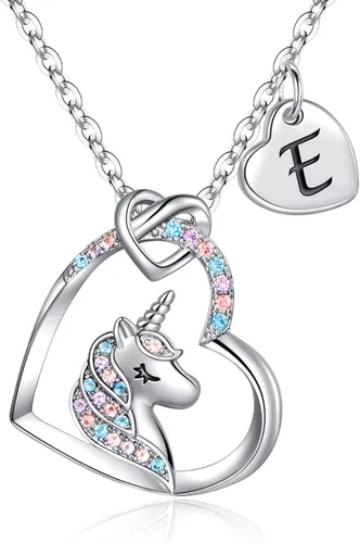 Collar de unicornio para niñas, chapado en oro de 14 quilates, oro blanco, oro rosa, colgante de corazón de circonita cúbica colorido, collar de