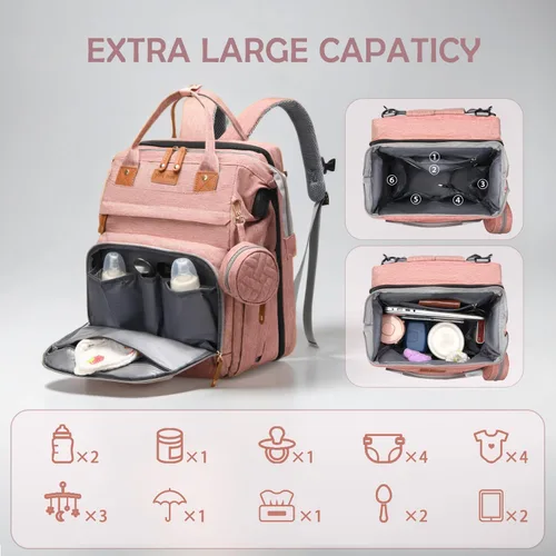 Miniatura 5 de Mochila para pañales con cambiador, bolsa de bebé de viaje multifunción, bolsa de bebé impermeable, bolsa de mamá de gran capacidad, bolsa de Rosa