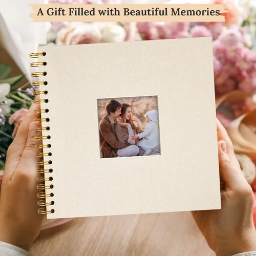 Miniatura 6 de Álbum de fotos de 20 x 20 cm con cubierta de lino, libro de recuerdos de papel kraft blanco de tapa dura, para viaje, libro de invitados de boda