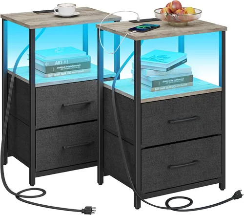 Miniatura 24 de TUTOTAK Mesita de noche LED con estación de carga, mesita de noche grande con puerto USB y Type-C, mesa de noche con cajones de tela, mesa auxiliar