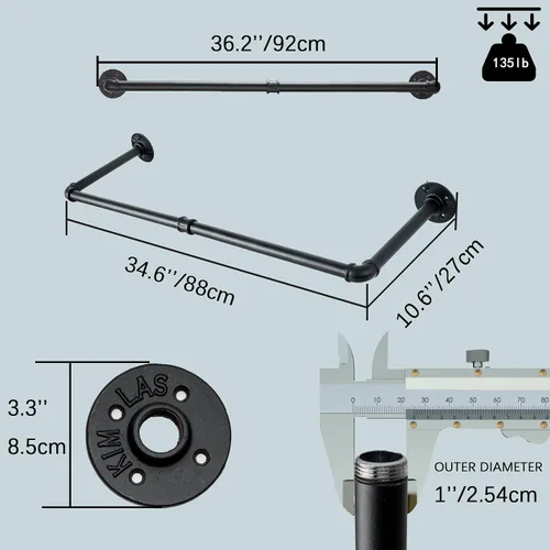 Miniatura 4 de Perchero industrial de tubería con 3 ganchos en forma de S, perchero de pared de 36 pulgadas de largo, barra de ropa de hierro resistente, barra