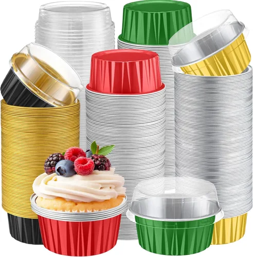 Miniatura 32 de Gejoy 400 Piezas Moldes de Papel de Aluminio para Hornear con Tapas 5 oz Moldes Desechables Ramekins Mini Moldes para Pasteles Crème Brûlée Moldes