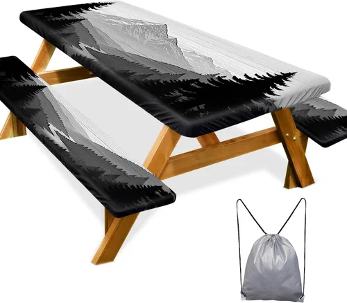 Miniatura 55 de Funda de mesa de picnic con fundas para bancos Esenciales de camping Mantel de picnic impermeable y a prueba de viento con bolsa de cordón, funda