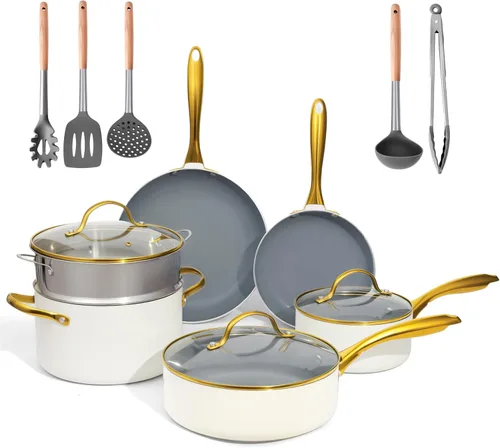 Juego de utensilios de cocina de cerámica, saludable, no tóxico, juego de ollas y sartenes antiadherentes, juego de 14 piezas de cocina de
