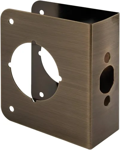 Prime-Line U 9573 - Placa de refuerzo de puerta y cerradura de latón para puertas de 1-3/4 pulgadas de grosor, acabado de latón antiguo (paquete