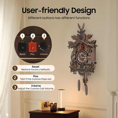 Miniatura 2 de Reloj de cuco con función de timbre, reloj de pared de madera vintage para pared, diseño antiguo con péndulo, volumen ajustable, reloj de cuco