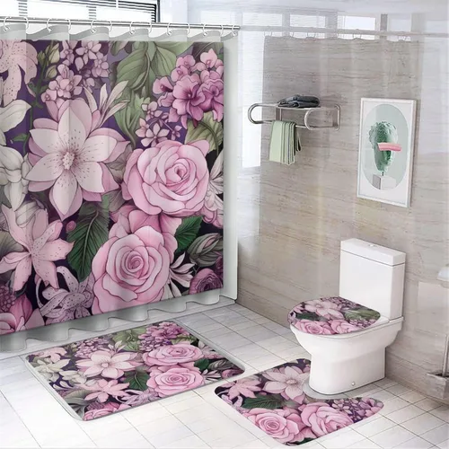Miniatura 15 de Juego de 4 cortinas de ducha con alfombras, juego de baño con cortina de ducha y alfombras, 4 piezas, flores femeninas, lila, rosa, rubor, verde