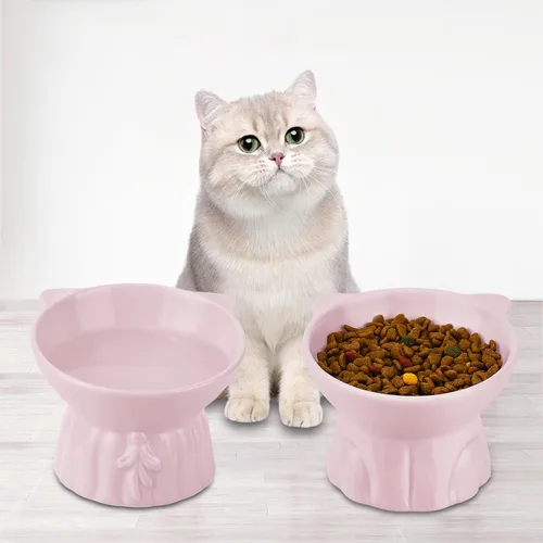 Miniatura 7 de Paquete de 2 cuencos elevados para gatos, platos elevados de cerámica para alimentos y agua para gatos, diseño extra ancho y poco profundo, Rosa