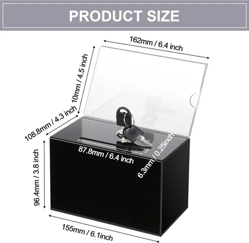 Miniatura 2 de Tuanse Caja de donación de acrílico con candado y soporte para letreros, tarro, rifa, boletos, cajas transparentes para recaudación de fondos, Negro