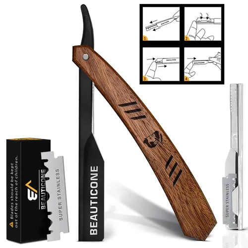 Beauticone Navajas rectas para hombres, navaja de hoja recta con 100 cuchillas de un solo filo, acero inoxidable, navaja de barbero para el afeitado