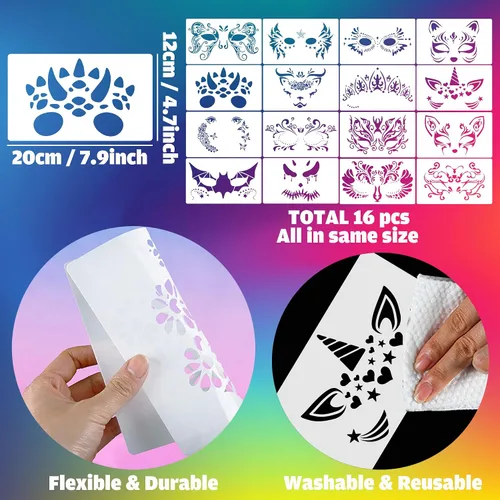 Miniatura 2 de Sotpot 16 plantillas faciales para dibujar máscaras de pintura, plantillas de bricolaje para pared de madera, decoración del hogar, suministros