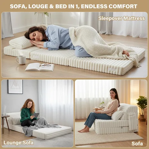 Miniatura 5 de Tiita Sofá cama plegable tamaño individual, colchón convertible con almohada, colchón de pana gruesa para el suelo, sofá cama con bolsillo lateral