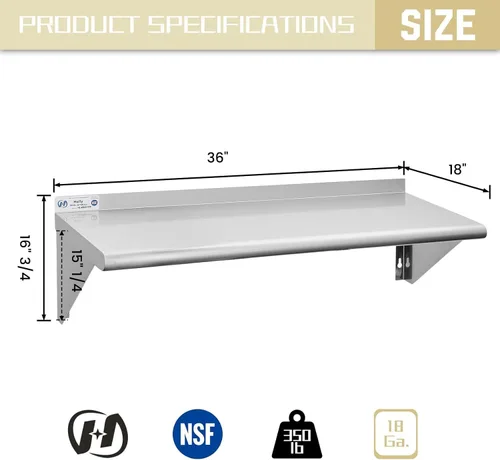 Miniatura 3 de HALLY SINKS & TABLES H Estante de acero inoxidable de 18 x 36 pulgadas, 350 libras, estantería flotante comercial de montaje en pared