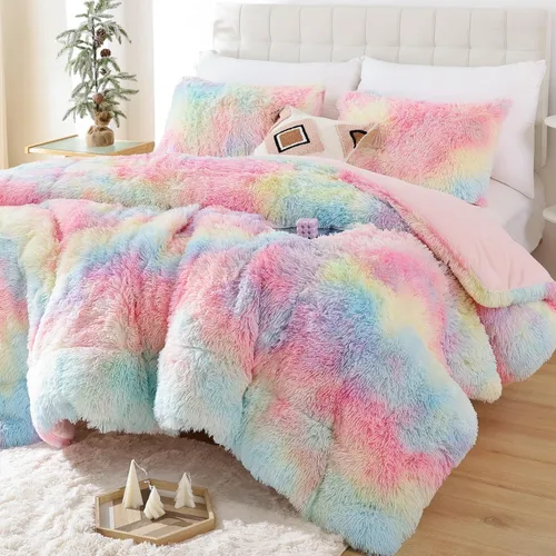 Miniatura 10 de Smoofy Juego de edredón esponjoso de tamaño Full, juego de edredón rosa de piel sintética, juego de ropa de cama mullido de lujo, juego de ropa